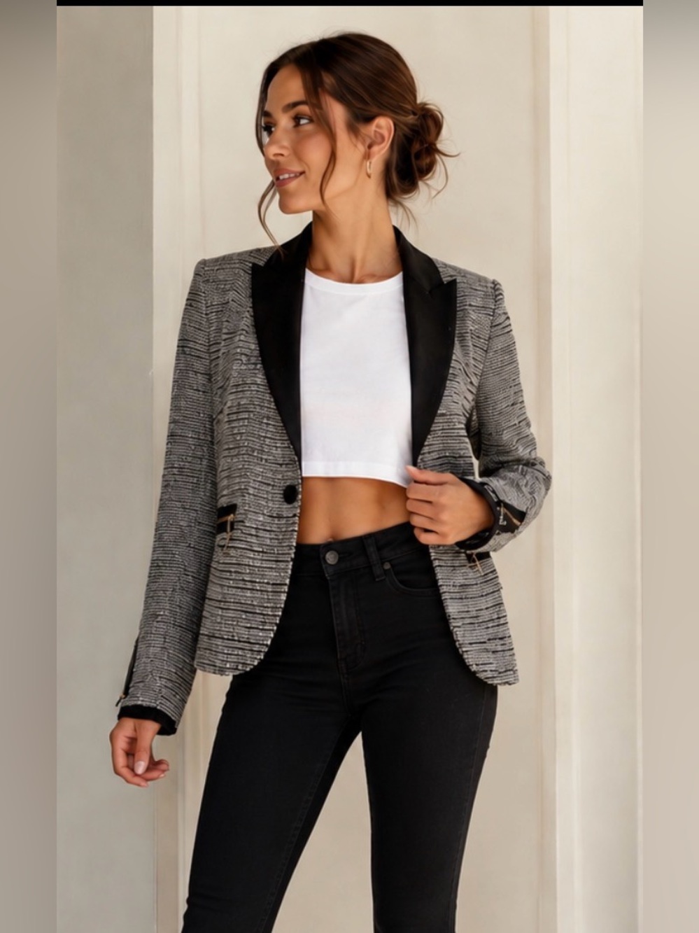 Zara Basic Tweed Blazer Black Lapel Zip Pocket Jacket Size US 5